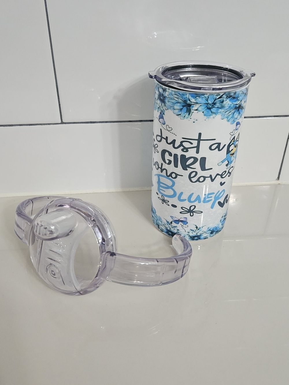 Blue Floral Insulated Travel Tumbler - "Just a Girl Who Loves Bluey"